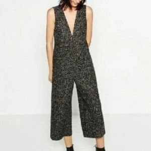 ZARA Tweed Pinafore Sleeveless V-Neck Cropped Wide Leg Jumpsuit - Large